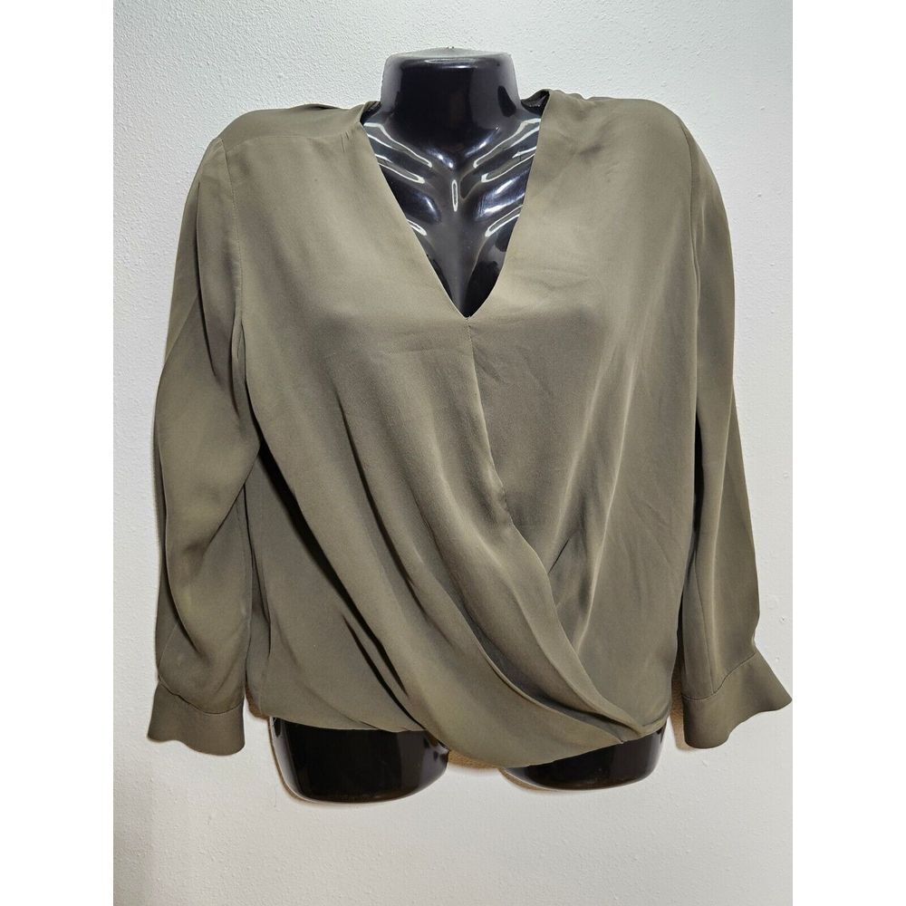 Diane von Furstenberg Blouse Womens Size 4 Olive Green Silk Wrap Long Sleeve